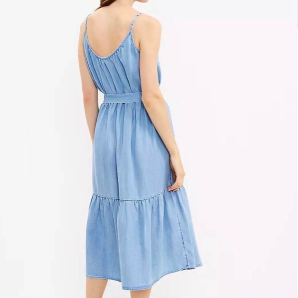 NEW LOFT Linen Lyocell Chambray Tiered Belted Swing Midi Dress Size Medium - Picture 3 of 13